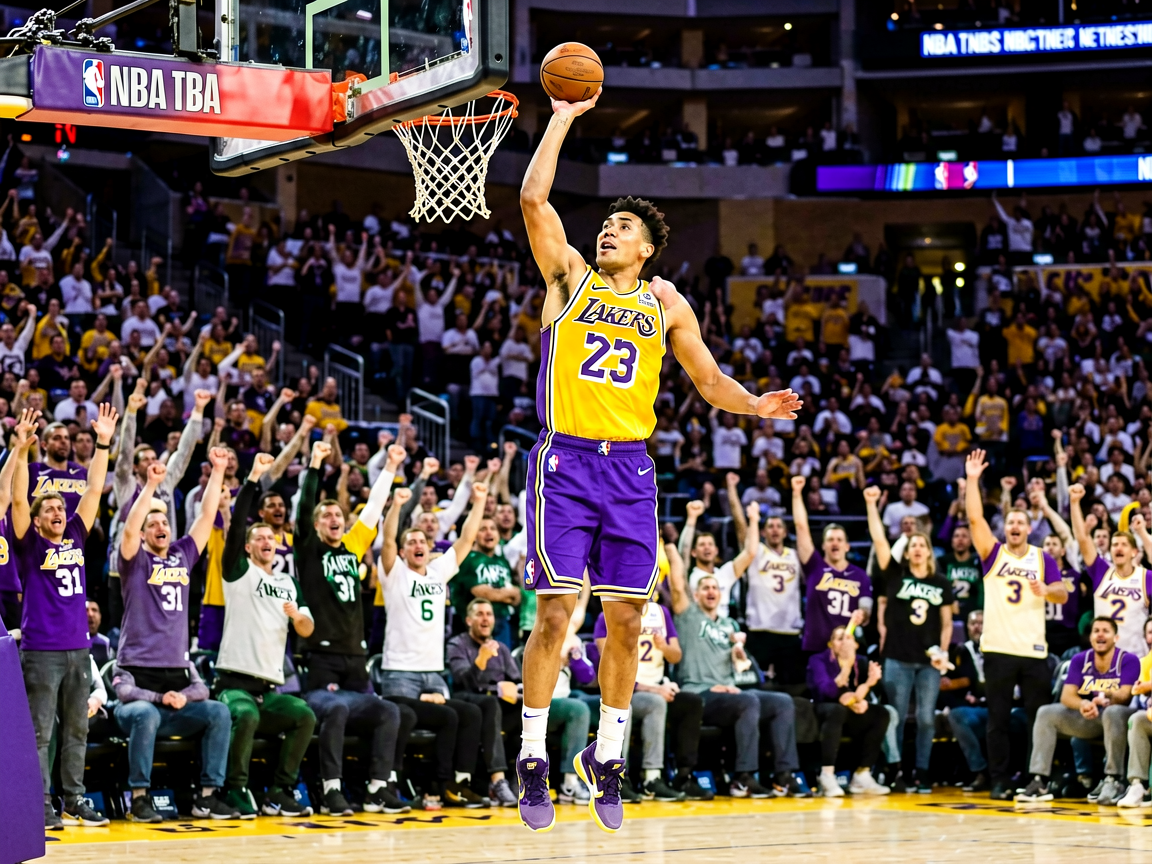 NBA常规赛湖人队球员突破上篮，现场观众热情欢呼